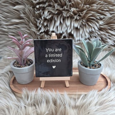 Robuust Wenstegeltje – You Are a Limited Edition – Hip trendy tegeltje – 10x10 cm – Uniek Cadeau voor Vriendin, Juf, Tante, Zus of Collega – Stijlvolle Woondecoratie met Boodschap – Trendy nu – Decoratief Tegeltje met Standaard – Cadeau Idee