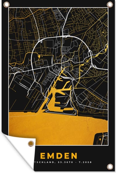 Muurdecoratie Goud – Duitsland – Plattegrond – Gold – Stadskaart – Kaart – Emden - 120x180 cm - Tuinposter - Tuindoek