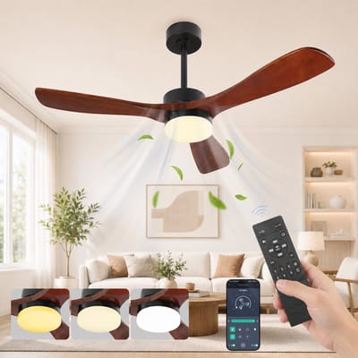 MUPOO Scandinavische hout Grote Plafondventilator met Verlichting 132 cm - Muisstil DC Motor & Afstandsbediening - APP & Zomer- en Winterstand - 6 Snelheden & Timer - plafonniere met ventilator voor Woonkamer, Hoge Plafonds & Eetkamer