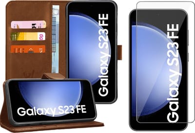 Hoesje geschikt voor Samsung Galaxy S23 FE - Screenprotector Glas - Portemonnee Book Case Bruin