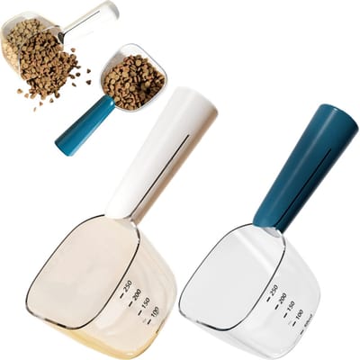 2 stuks voerschepjes voor huisdieren - met maatstreepjes (90-120 g), gemakkelijk schoon te maken - maatschepje voor kattenvoer - 10*6,5*18,5 cm - voor het voeren van katten, honden en puppy's, en voor het bewaren van koffiebonen - blauw, wit