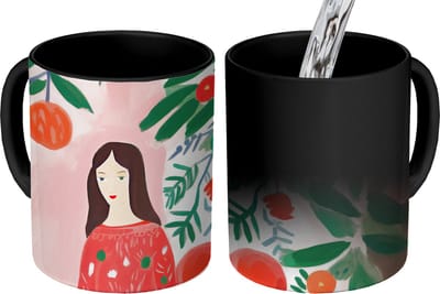 Magische Mok - Foto op Warmte Mokken - Koffiemok - Kerstmis - Vrouw - Planten - Groen - Rood - Magic Mok - Beker - 350 ML - Theemok - Tafeldecoratie Kerstmis - Kerstdecoratie tafel - Tafelversiering