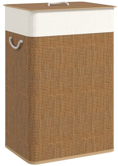 Daity Bamboe wasmand met deksel, 72 liter, met touwgreep en uitneembare en wasbare binnenvoering. Geschikt voor badkamers en slaapkamers. Bruin.