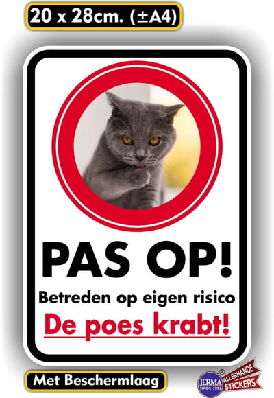 Jerma - Pas op voor de poes - Waarschuwing - Sticker - 20 x 28 cm - Weerbestendig - Zelfklevend -
