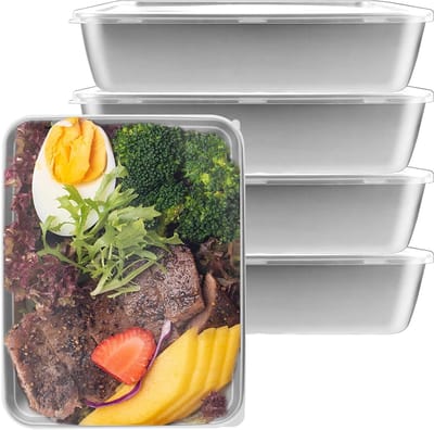 Vijfdelige Vleesdozen voor de Koelkast, RVS Container met Deksel, Ideaal voor Vlees, Kaas en Organisatie in de Koelkast, 2600ml, 25 x 20 x 5.5 cm