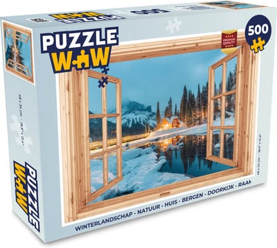 Puzzel Winterlandschap - Natuur - Huis - Bergen - Doorkijk - Raam - Legpuzzel - Puzzel 500 stukjes