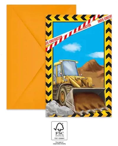 Uitnodiging kinderfeestje - Bouw Constructie - Uitnodiging feestje Jongen - Uitnodigingskaarten set 6 stuks met enveloppen
