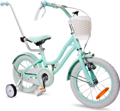 Heart Bike Fiets voor een meisje van 3 tot 5 jaar, 14 inch Silver Moon Mint, met fietsbel, zijwieltjes, duwstang en stuurmandje