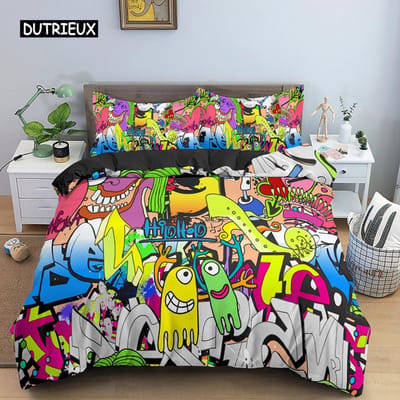 Graffiti Beddengoedset Grafische Dekbedovertrek Tieners Volwassenen Hip Hop Hippie Dekbedovertrek Muur Stedelijke Straatkunst Polyester Quiltovertrek EU single(135x200cm)