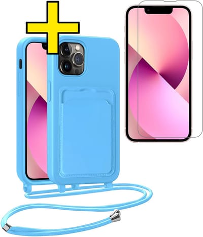 Hoesje Geschikt voor iPhone 13 Pro Max Telefoonhoesje Met Koord Case Pashouder Met Screenprotector Siliconen - Hoes Geschikt voor iPhone 13 Pro Max Hoesje Met Kaarthouder - Lichtblauw
