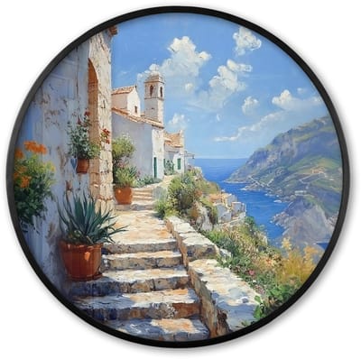Poster in lijst Rond - Fotolijst 60x60 cm - Posters - Trap - Huizen - Berglandschap - Zee - Ronde posterlijst zwart - Decoratie - Wanddecoratie woonkamer - Muurdecoratie slaapkamer