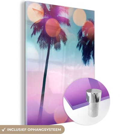 MuchoWow® Glasschilderij 30x40 cm - Schilderij acrylglas - Zomer - Palmen - Lucht - Roze - Foto op glas - Schilderijen