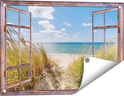 Gards Tuinposter Doorkijk Strand en Zee vanuit Duinen - 60x40 cm - Tuindoek - Tuindecoratie - Wanddecoratie buiten - Tuinschilderij