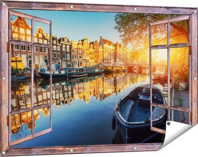 Gards Tuinposter Doorkijk Amsterdamse Gracht bij Zonsondergang - 120x80 cm - Tuindoek - Tuindecoratie - Wanddecoratie buiten - Tuinschilderij