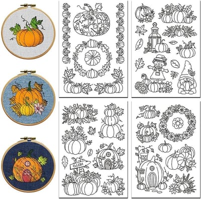 Herfst borduurpatronen voor beginners - 4 vellen met pompoenen en esdoorns, 37 wasbare ontwerpen voor handborduren en creatief naaien