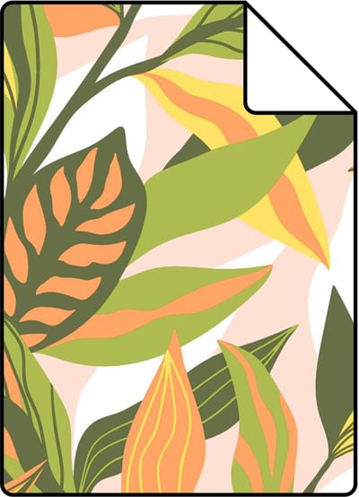 Proefstaal ESTAhome behang tropische bladeren groen, oranje en geel - 26.5 x 21 cm - 131040-S