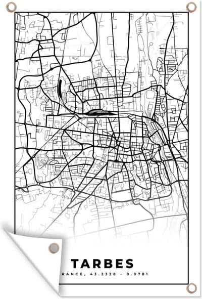 Muurdecoratie Kaart - Tarbes - Plattegrond - Frankrijk - Stadskaart - Zwart wit - 120x180 cm - Tuinposter - Tuindoek