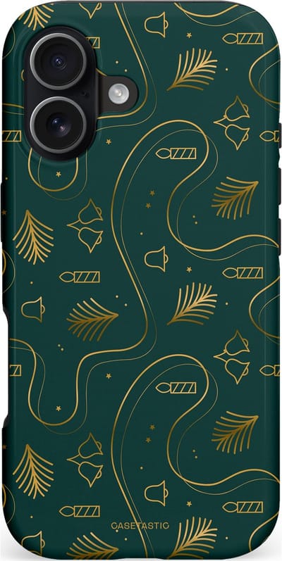 Casetastic hoesje geschikt voor Apple iPhone 17 - MagSafe - Dubbellaagse bescherming - Groene kerst bellen en takken - Fashion Case - Donkergroen Donkergrijs Petrol