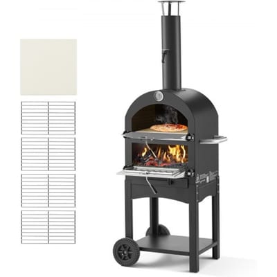 VEVOR Pizzaoven 12 inch pelletoven, 2-laags houtgestookte pizzaoven, houtgestookte buitenoven met 2 afneembare wielen, pizzamaker met een maximale temperatuur van 540 °C voor grillen