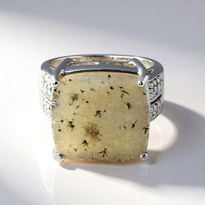 Cavill - Elegante Zilveren Ring 925 Sterling met 12,73 ct Braziliaanse Glitteragaat - 24 Pavé Zirkonia - Antieke Kussen Cabochon
