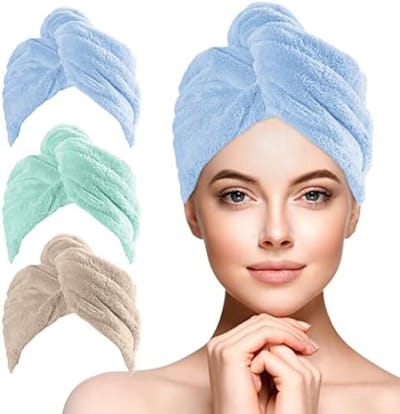 PromoHome Microfiber Haar Tulband Handdoeken Set van 3 - Super Absorberende Sneldrogende Hoofd Wrap voor Vochtopname en Anti-Kroezen - Zachte Haardrogende Handdoek met Knopen - Geschikt voor Vrouwen en Kinderen