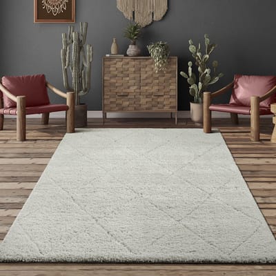 the carpet Bahar Shaggy – Hoogpolig vloerkleed met ruitpatroon in Scandinavische stijl, crème, 140 x 200 cm
