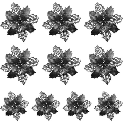 10 stuks Glitter Poinsettia 9cm Kunstbloemen Kerstmis voor Bruiloftsfeest Krans Decoratie Zwart black