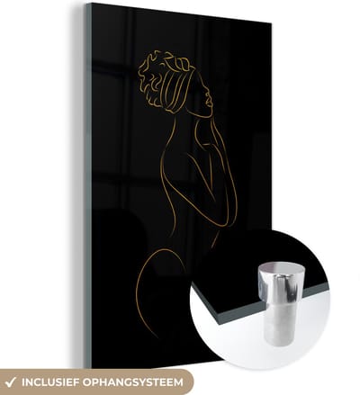 MuchoWow® Glasschilderij 40x60 cm - Schilderij acrylglas - Vrouw - Goud - Zwart - Line art - Foto op glas - Schilderijen