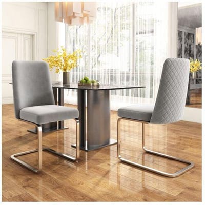 Chaise de salle à manger - MUVOE - Dos en losange - Velours gris - Pieds métal argenté - Ensemble 2 gris