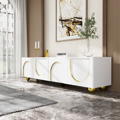 MODENUIT Tv-meubel - 4 Deuren Met Push-to-Open En Planken - Voor Woonkamer - Spaanplaat Wit Met Goud - 170x38x44 Cm
