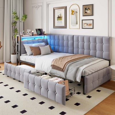 Multifunctioneel Kinderbootbed, Slaapbank Eenpersoonsbed Gestoffeerde Slaapbank 90x200 cm, Gestoffeerd Bed met 2 lades en LED-bedlamp, USB en Type-C poort, Lichtgrijs