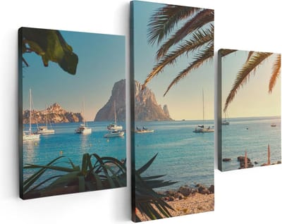 Artaza Canvas Schilderij Drieluik Ibiza Cala d'Hort Strand  - 90x60 - Foto Op Canvas - Canvas Print