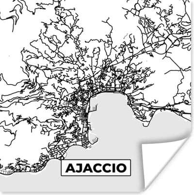 Poster Frankrijk - Plattegrond - Ajaccio - Stadskaart - Kaart - Zwart wit - 100x100 cm XXL