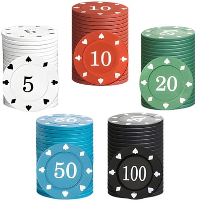 Dailygoods- Pokerchip 100 stuks - Kunststof - Casino stijl - Bedrukt - Set in 5 kleuren - Geschikt voor pokernachten - Pokerfiches