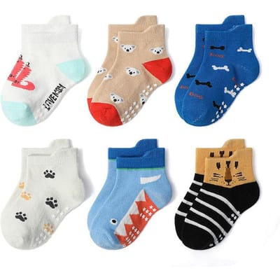 6 Paar Kindersokken Cartoon Dierenpatroon Katoen Antislip Bodemsokken voor Jongens Peuters Alle Seizoenen M 1-3Y 12-13cm