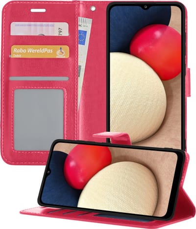 Hoesje - Met Pasjeshouder - Geschikt voor Samsung Galaxy A02s - Luxe Bookcase Portemonee - Flip Case - Kunstleer Book Case - Flipcase - Book Cover - Walletcase - Portemonneehoes - Telefoonhoesjes - Donkerroze