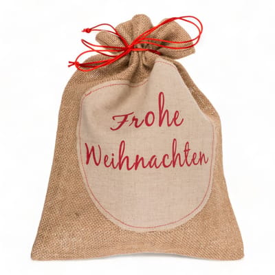 NTH products- Jutezak Vrolijk Kerst - Robuuste Cadeauzak - 37 x 28 cm - Treksluiting - Stijlvol Accessoire - Hartelijke Wens