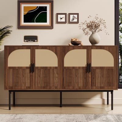 REDOM - Dressoir - 4 Deuren - Retro - Voor Woonkamer Of Hal - MDF Met Rotanlook En Walnootlook - Naturel - 140 X 40 X 80 Cm