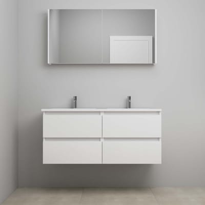 On-Line Badkamermeubelset - 120 cm - Voorgemonteerd - Acryl Wastafel - 2 Kraangaten - Spiegelkast - Hoogglans Wit