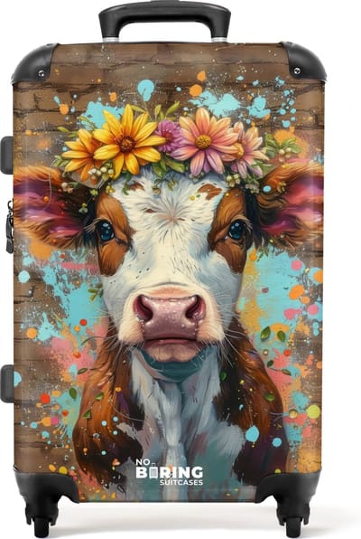 NoBoringSuitcases.com® - Koffer groot - Rolkoffer lichtgewicht - Graffiti koe met kleurrijke bloemen - Reiskoffer met 4 wielen - Grote trolley XL - 20 kg bagage