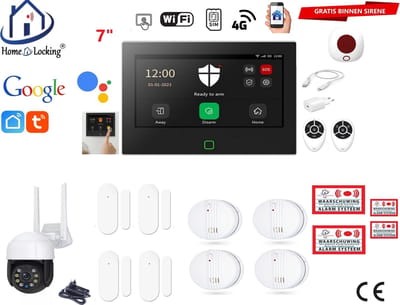 Draadloos / bedraad alarmsysteem met 7-inch touchscreen voor woning/camper/boot/caravan werkt met wifi en sim kaart en met spraakgestuurde apps. (Nederlands of Frans stem en tekst). ST01B-61