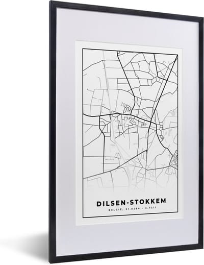 Fotolijst incl. Poster Zwart Wit- Plattegrond – Dilsen Stokkem – Zwart Wit – Stadskaart - Kaart - België - 40x60 cm - Posterlijst