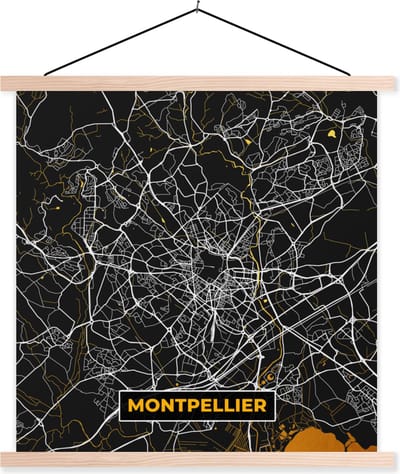 Posterhanger incl. Poster 40x40 cm - Schoolplaat - Kaart – Stadskaart – Montpellier - Plattegrond – Frankrijk - Textielposter - Blanke latten - Stadskaart