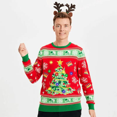 Foute Kersttrui met Lichtjes Dames & Heren - Lampjes Trui - Christmas Sweater LED "Verlichte Kerstboom Rood" Maat Heren S - Dames M