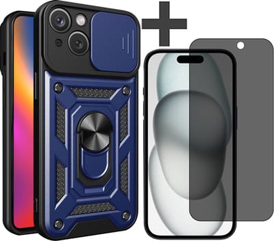 Hoesje met Privacy screenprotector Geschikt voor iPhone 15 met Ringhouder en Camera schuifje - Arara backcover - Blauw