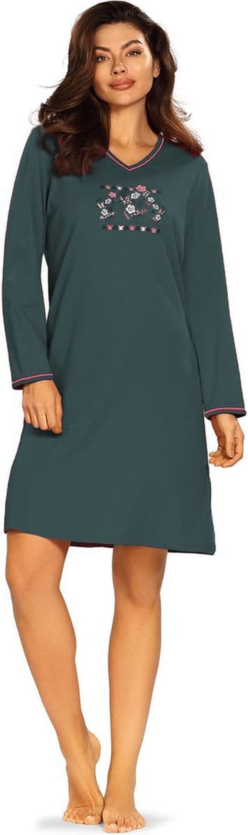 Comtessa Interlock Nachthemd 'Skandinavian Floreal' - Dames Nachtmode - Lange Mouw - Steel - Maat 38