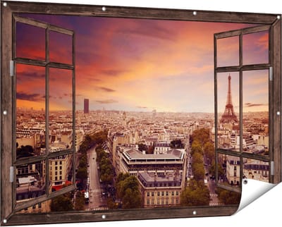 Gards Tuinposter Doorkijk Skyline Parijs met Eiffeltoren - 150x100 cm - Tuindoek - Tuindecoratie - Wanddecoratie buiten - Tuinschilderij