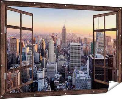Gards Tuinposter Doorkijk New York Skyline met Wolkenkrabbers - 180x120 cm - Tuindoek - Tuindecoratie - Wanddecoratie buiten - Tuinschilderij