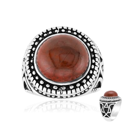 Cavill - Ring 925 Sterling Zilver met 7,379 ct Rode Jaspis Cabochon - Massief, Ronde Braziliaanse Edelsteen - Duurzaam & Kunstzinnig Met Gravures