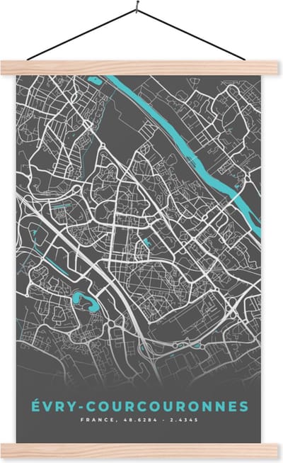 Posterhanger incl. Poster 40x60 cm - Schoolplaat - Évry-Courcouronnes - Frankrijk - Stadskaart - Kaart - Plattegrond - Textielposter - Blanke latten - Stadskaart